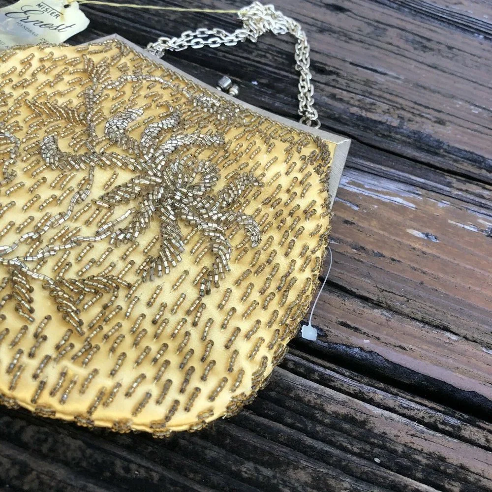 Mister Ernest Gold Floral Beaded Purse Evening Bag Vintage 50s 60s Hong Kong